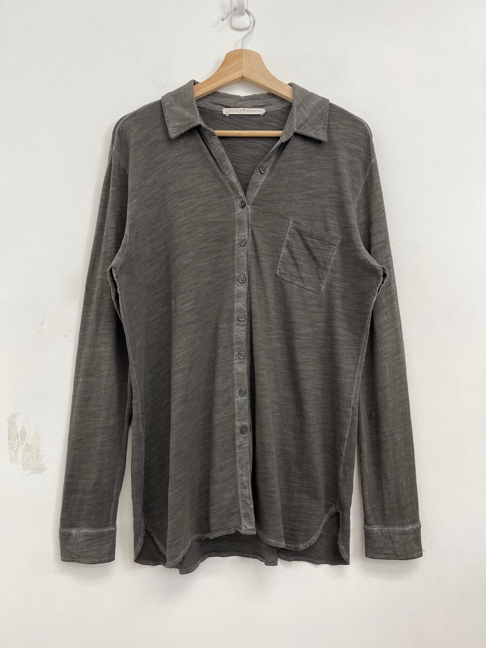 Peruvian Connection Jersey Flamé Slub Knit Soft Cotton Button Down Shirt - Large